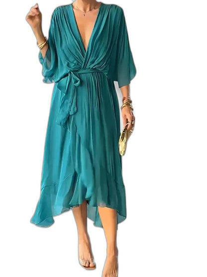 Elegant Burgundy Chiffon Midi Dress for Women with V Neck Long Sleeve Button Front Flowing Cocktail Style