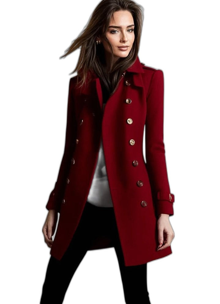 Elegant Burgundy Coat for Women with Collared Long Sleeve Button Front Office Style
