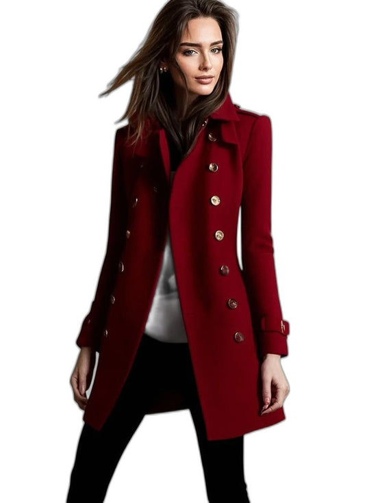 Elegant Burgundy Coat for Women with Collared Long Sleeve Button Front Office Style