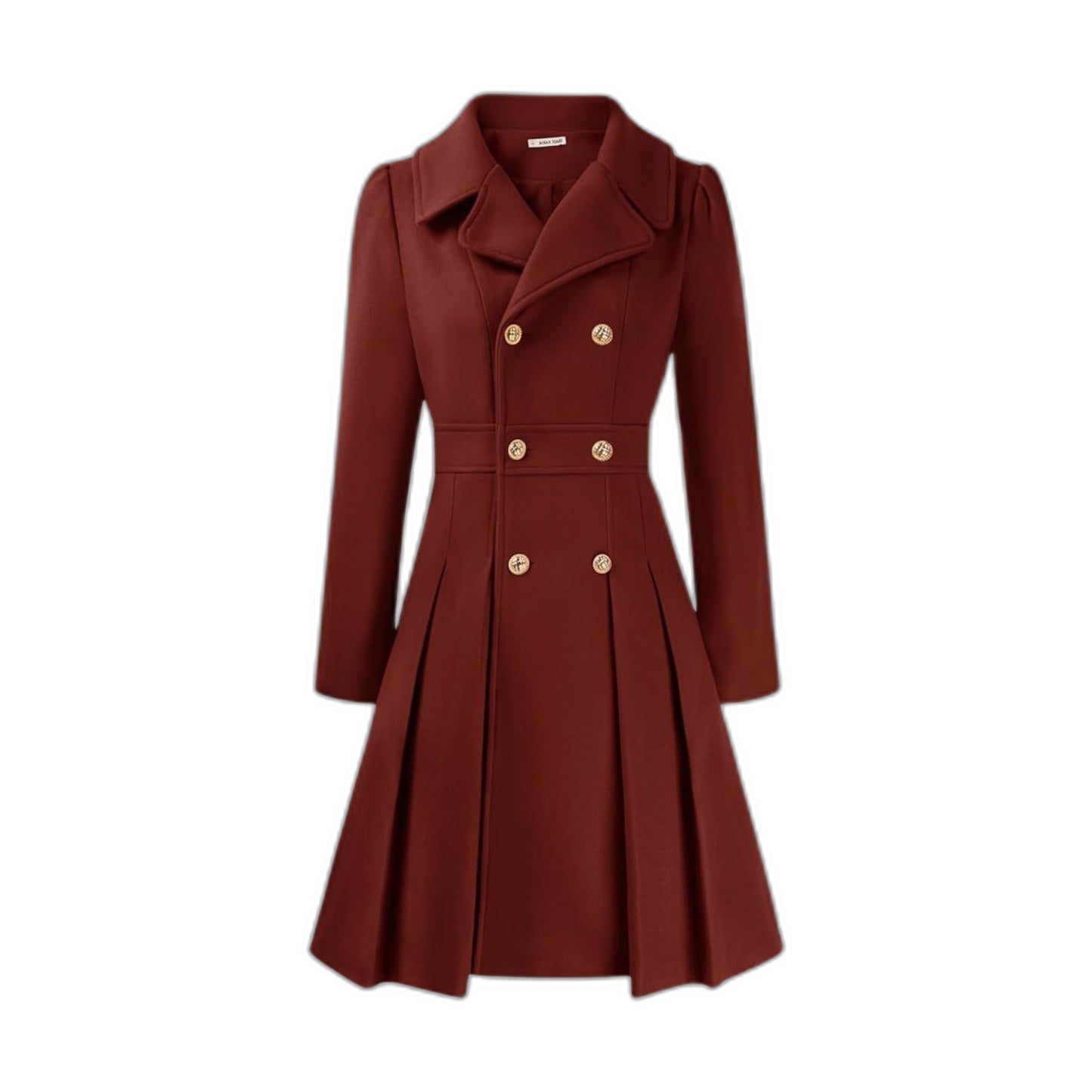 Elegant Burgundy Coat for Women with Collared Long Sleeve Pleated Button Front Fit And Flare Office Style