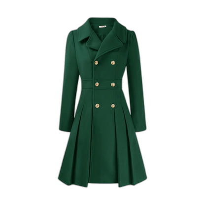 Elegant Burgundy Coat for Women with Collared Long Sleeve Pleated Button Front Fit And Flare Office Style