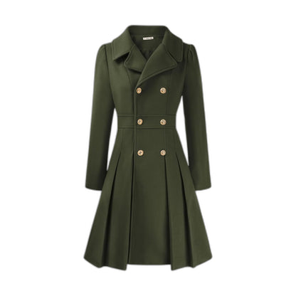 Elegant Burgundy Coat for Women with Collared Long Sleeve Pleated Button Front Fit And Flare Office Style
