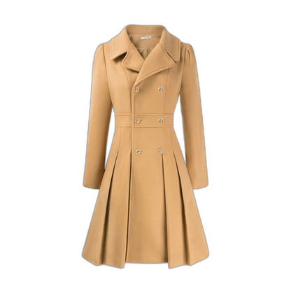 Elegant Burgundy Coat for Women with Collared Long Sleeve Pleated Button Front Fit And Flare Office Style