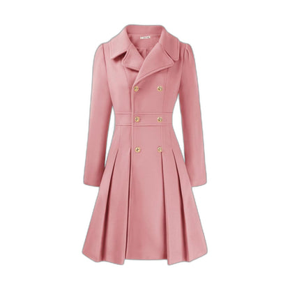 Elegant Burgundy Coat for Women with Collared Long Sleeve Pleated Button Front Fit And Flare Office Style