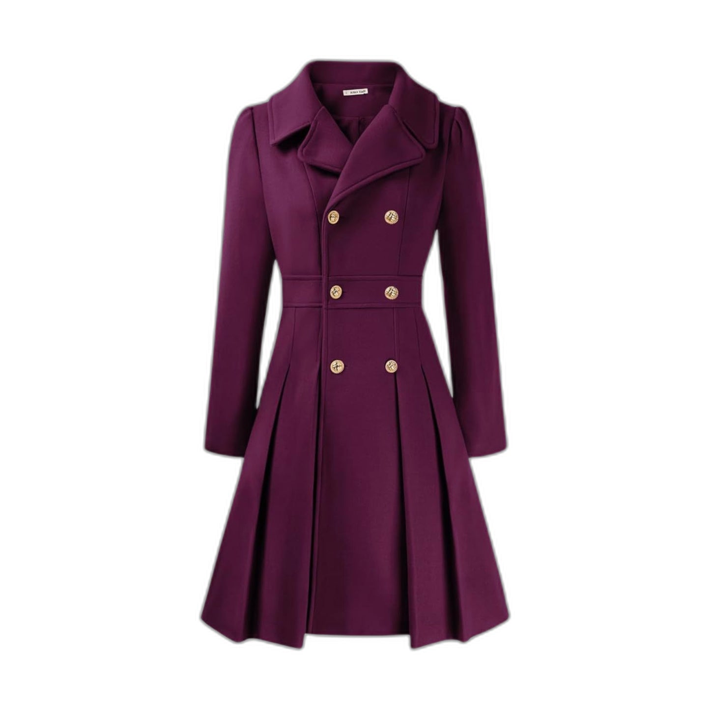 Elegant Burgundy Coat for Women with Collared Long Sleeve Pleated Button Front Fit And Flare Office Style