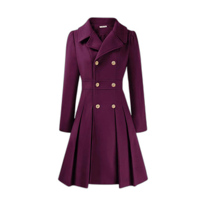 Elegant Burgundy Coat for Women with Collared Long Sleeve Pleated Button Front Fit And Flare Office Style