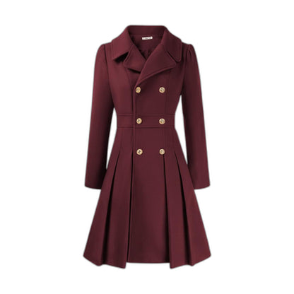Elegant Burgundy Coat for Women with Collared Long Sleeve Pleated Button Front Fit And Flare Office Style