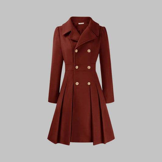 Elegant Burgundy Coat for Women with Collared Long Sleeve Pleated Button Front Fit And Flare Office Style