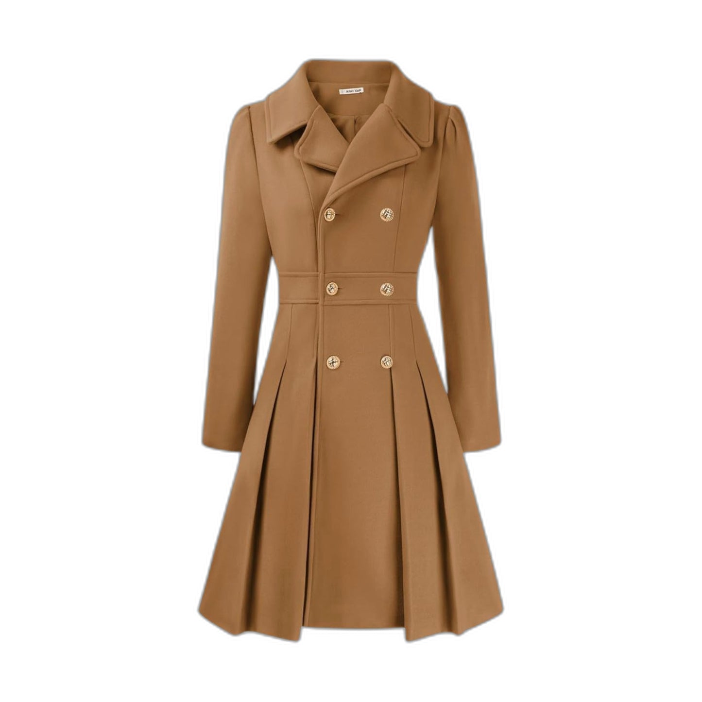 Elegant Burgundy Coat for Women with Collared Long Sleeve Pleated Button Front Fit And Flare Office Style