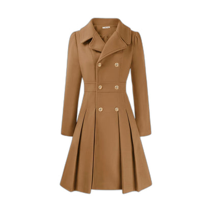 Elegant Burgundy Coat for Women with Collared Long Sleeve Pleated Button Front Fit And Flare Office Style