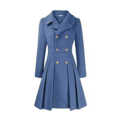 Elegant Burgundy Coat for Women with Collared Long Sleeve Pleated Button Front Fit And Flare Office Style