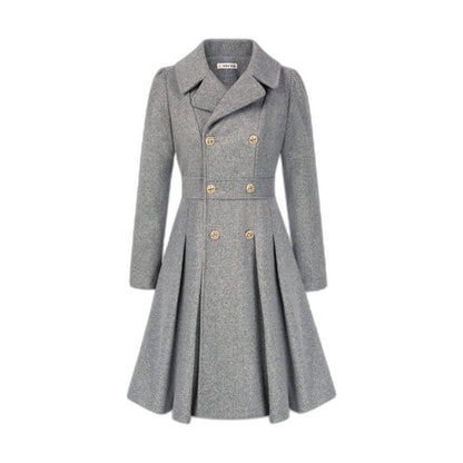 Elegant Burgundy Coat for Women with Collared Long Sleeve Pleated Button Front Fit And Flare Office Style