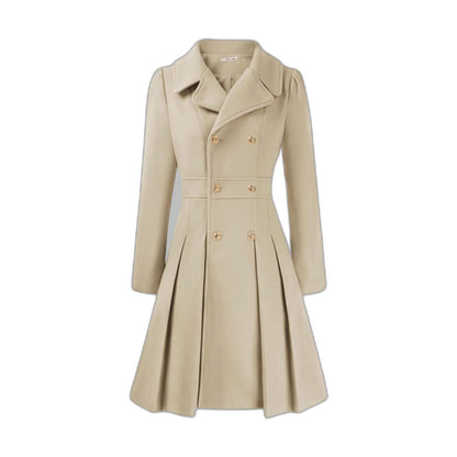 Elegant Burgundy Coat for Women with Collared Long Sleeve Pleated Button Front Fit And Flare Office Style