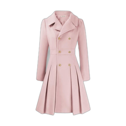 Elegant Burgundy Coat for Women with Collared Long Sleeve Pleated Button Front Fit And Flare Office Style
