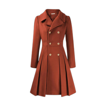 Elegant Burgundy Coat for Women with Collared Long Sleeve Pleated Button Front Fit And Flare Office Style