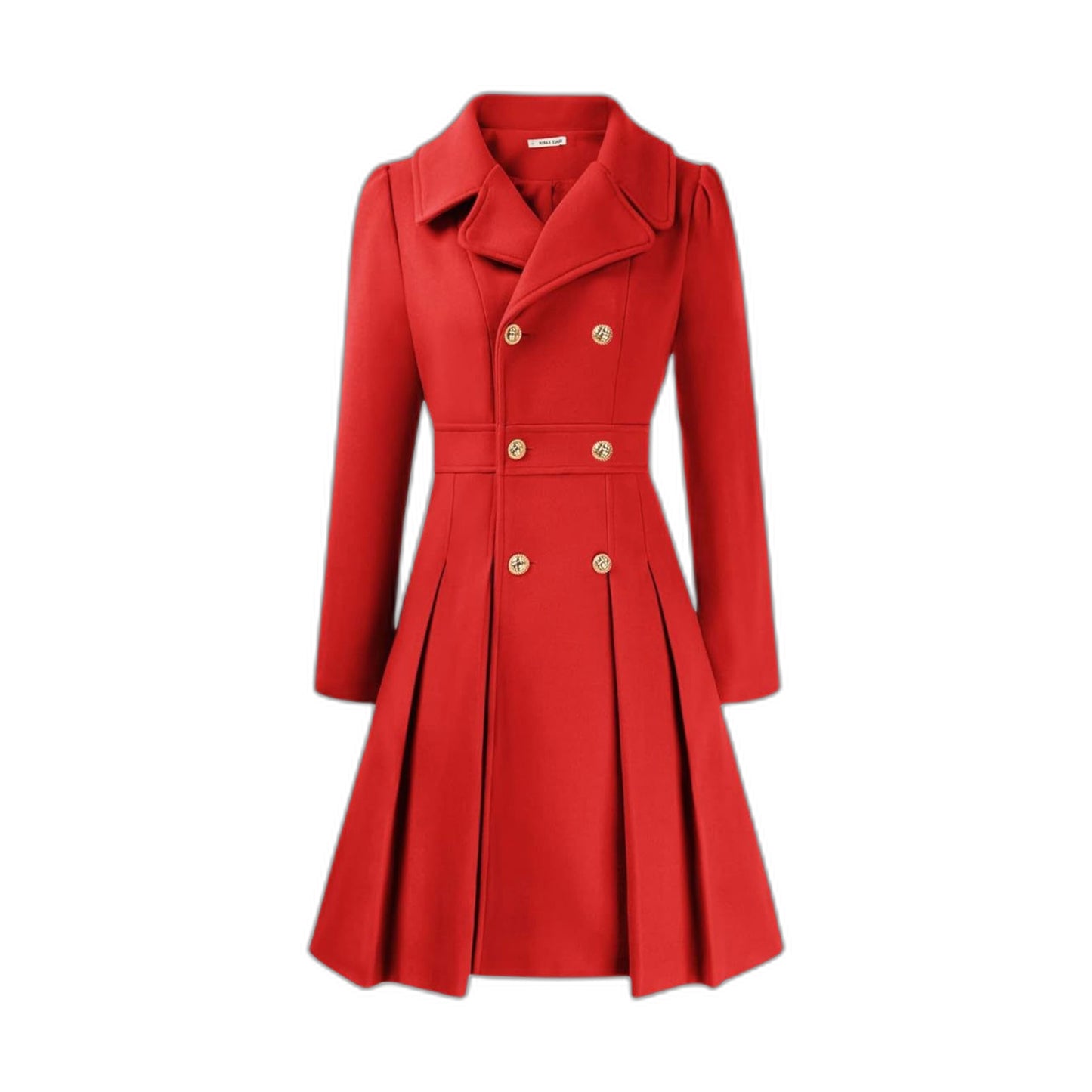 Elegant Burgundy Coat for Women with Collared Long Sleeve Pleated Button Front Fit And Flare Office Style