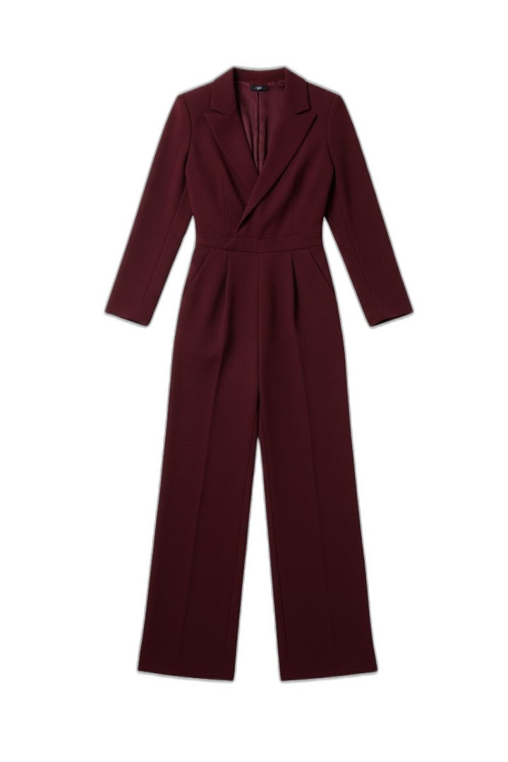 Elegant Burgundy Jumpsuit for Women with V Neck Long Sleeve Wrap Wide Leg Cocktail Style
