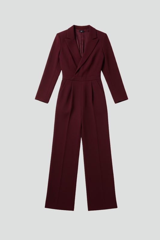 Elegant Burgundy Jumpsuit for Women with V Neck Long Sleeve Wrap Wide Leg Cocktail Style