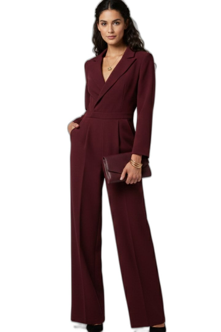 Elegant Burgundy Jumpsuit for Women with V Neck Long Sleeve Wrap Wide Leg Cocktail Style