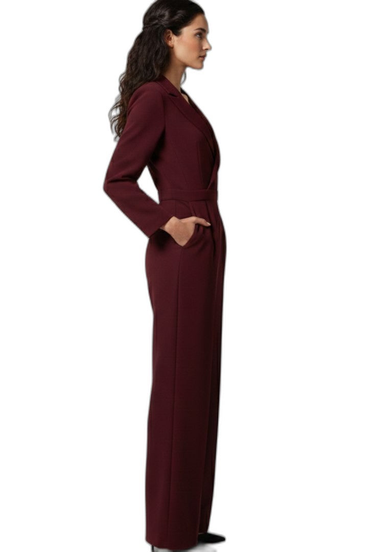 Elegant Burgundy Jumpsuit for Women with V Neck Long Sleeve Wrap Wide Leg Cocktail Style