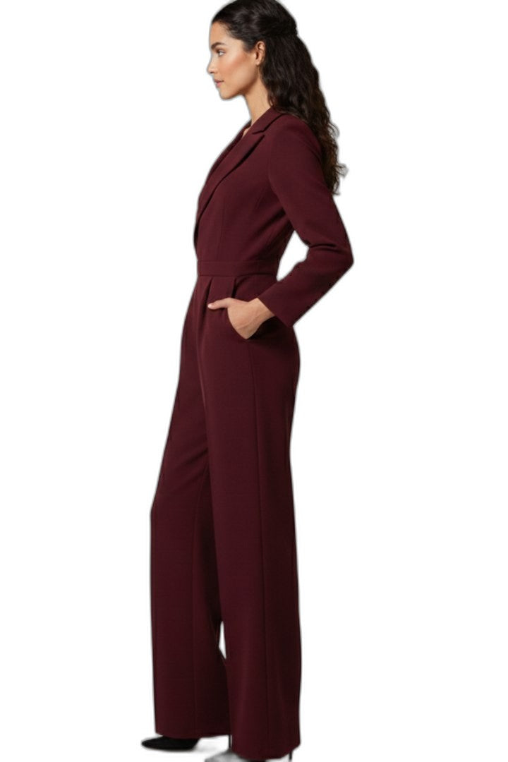 Elegant Burgundy Jumpsuit for Women with V Neck Long Sleeve Wrap Wide Leg Cocktail Style