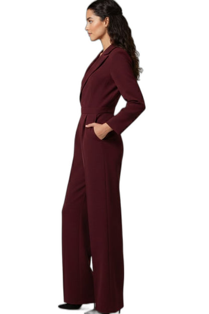 Elegant Burgundy Jumpsuit for Women with V Neck Long Sleeve Wrap Wide Leg Cocktail Style