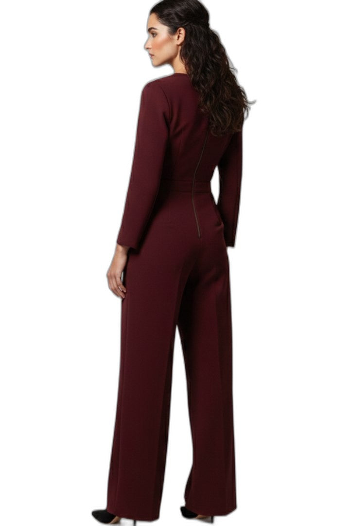 Elegant Burgundy Jumpsuit for Women with V Neck Long Sleeve Wrap Wide Leg Cocktail Style