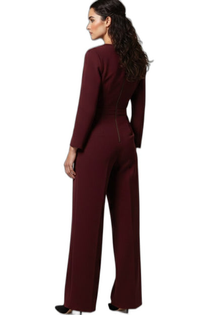 Elegant Burgundy Jumpsuit for Women with V Neck Long Sleeve Wrap Wide Leg Cocktail Style