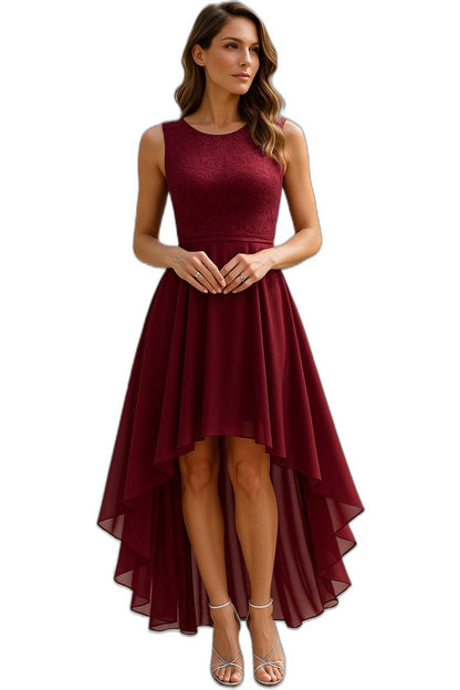 Elegant Burgundy Maxi Dress for Women with Crew Neck Sleeveless Fit And Flare High Low Cocktail Style