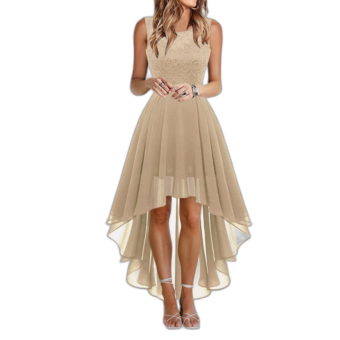 Elegant Burgundy Maxi Dress for Women with Crew Neck Sleeveless Fit And Flare High Low Cocktail Style