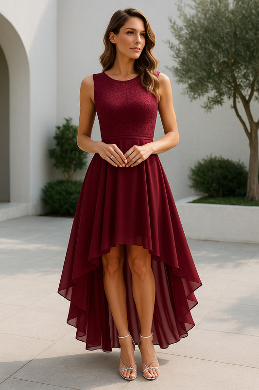 Elegant Burgundy Maxi Dress for Women with Crew Neck Sleeveless Fit And Flare High Low Cocktail Style