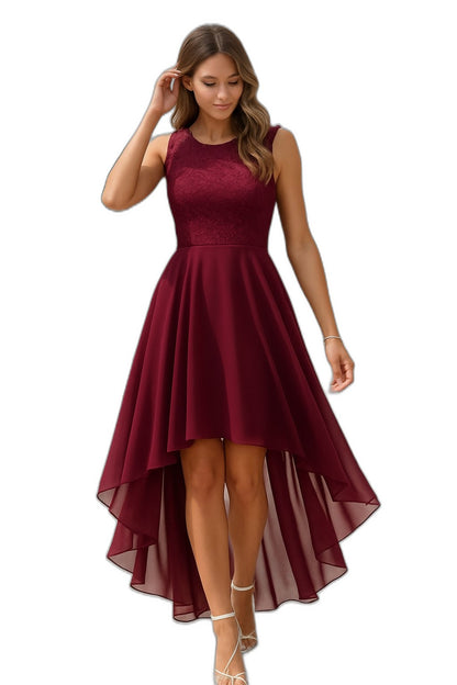 Elegant Burgundy Maxi Dress for Women with Crew Neck Sleeveless Fit And Flare High Low Cocktail Style