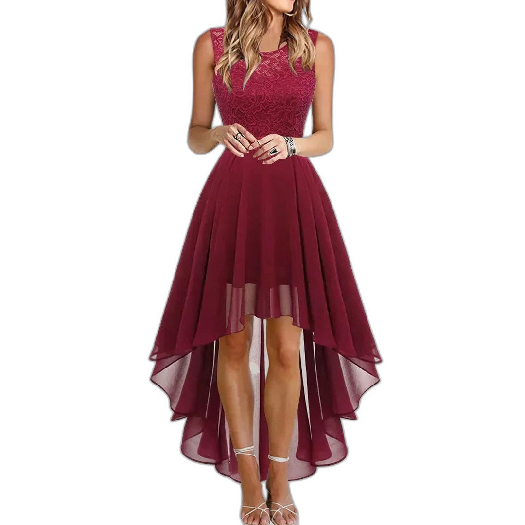 Elegant Burgundy Maxi Dress for Women with Crew Neck Sleeveless Fit And Flare High Low Cocktail Style