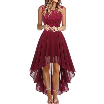 Elegant Burgundy Maxi Dress for Women with Crew Neck Sleeveless Fit And Flare High Low Cocktail Style