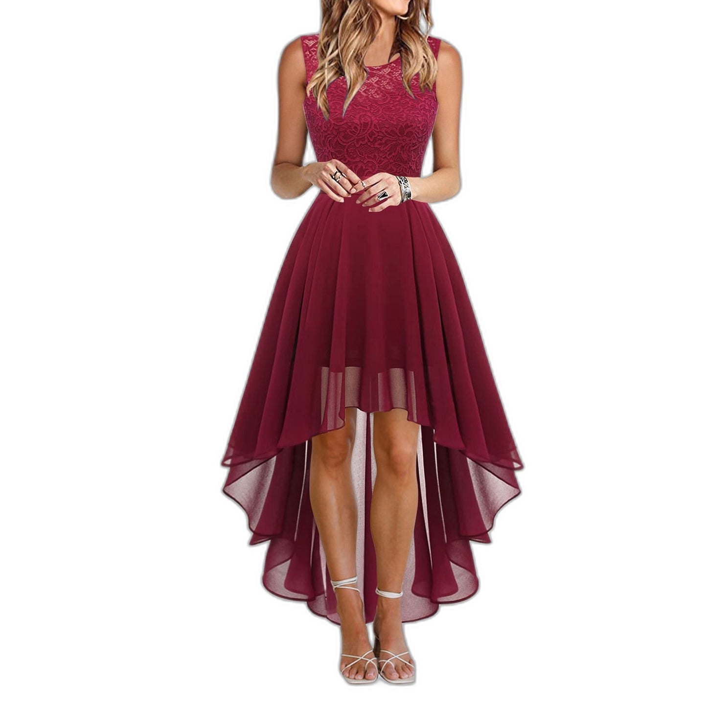 Elegant Burgundy Maxi Dress for Women with Crew Neck Sleeveless Fit And Flare High Low Cocktail Style