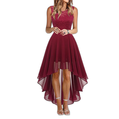Elegant Burgundy Maxi Dress for Women with Crew Neck Sleeveless Fit And Flare High Low Cocktail Style
