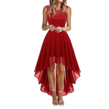 Elegant Burgundy Maxi Dress for Women with Crew Neck Sleeveless Fit And Flare High Low Cocktail Style