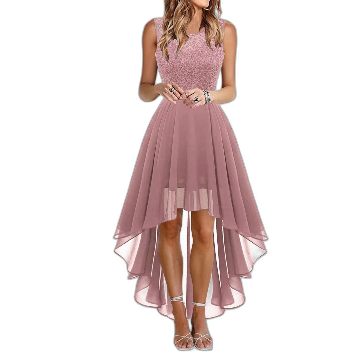 Elegant Burgundy Maxi Dress for Women with Crew Neck Sleeveless Fit And Flare High Low Cocktail Style