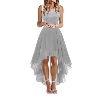 Elegant Burgundy Maxi Dress for Women with Crew Neck Sleeveless Fit And Flare High Low Cocktail Style