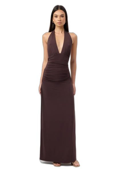 Elegant Burgundy Maxi Dress for Women with Halter Sleeveless Bodycon Ruched Backless Cocktail Style