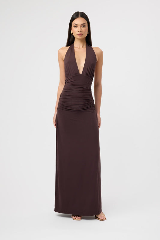 Elegant Burgundy Maxi Dress for Women with Halter Sleeveless Bodycon Ruched Backless Cocktail Style