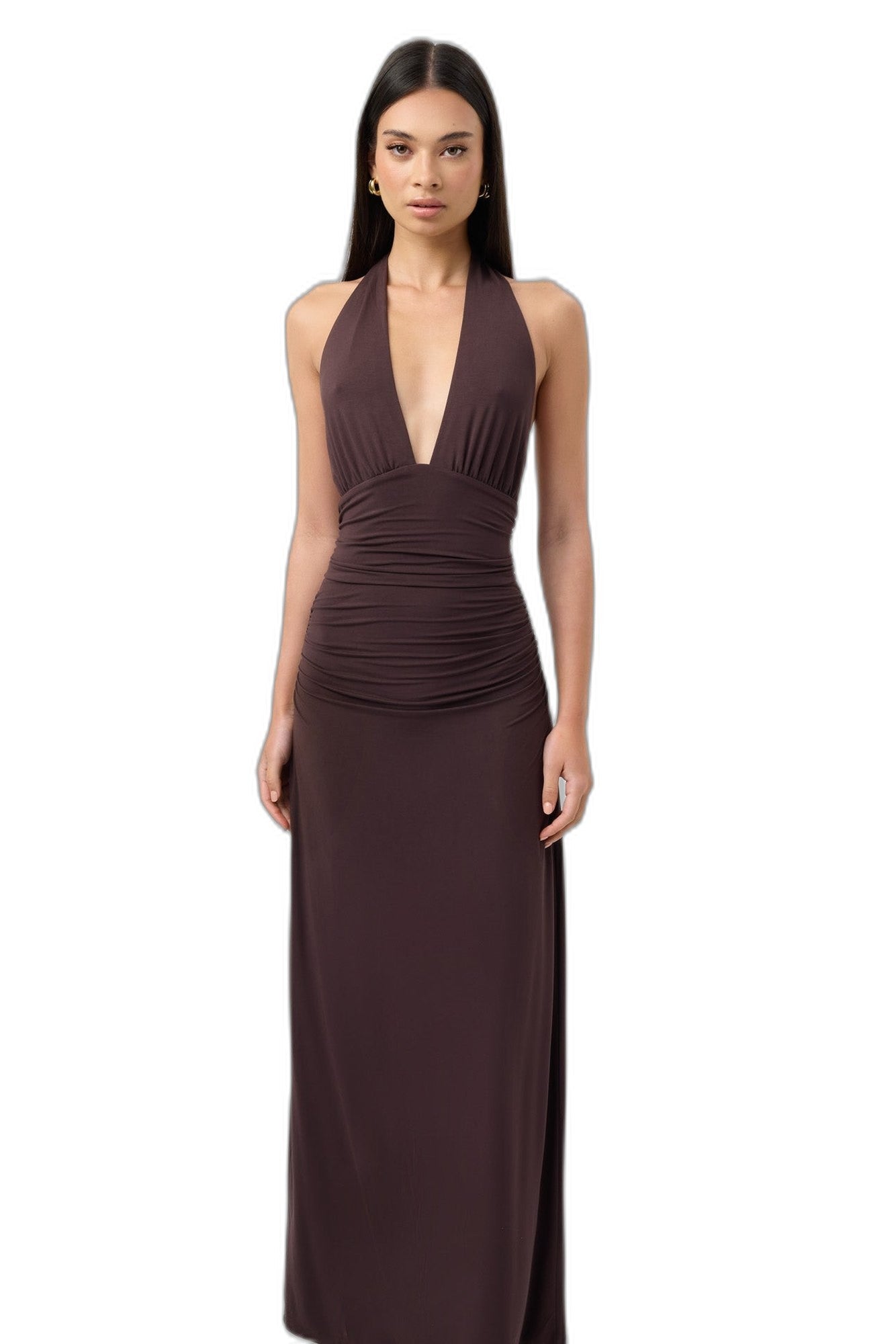 Elegant Burgundy Maxi Dress for Women with Halter Sleeveless Bodycon Ruched Backless Cocktail Style