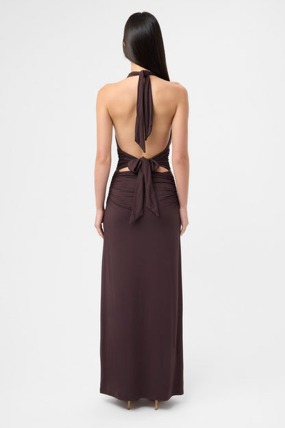 Elegant Burgundy Maxi Dress for Women with Halter Sleeveless Bodycon Ruched Backless Cocktail Style