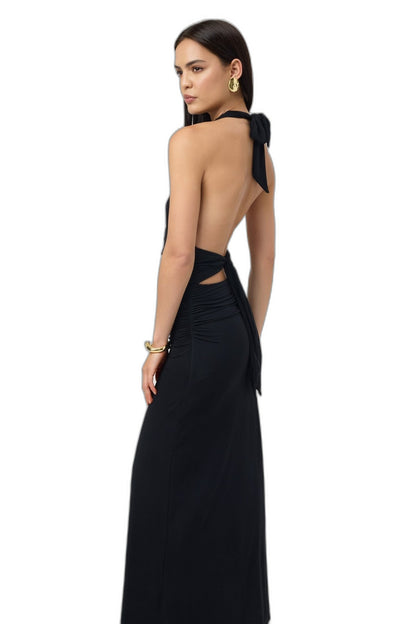 Elegant Burgundy Maxi Dress for Women with Halter Sleeveless Bodycon Ruched Backless Cocktail Style