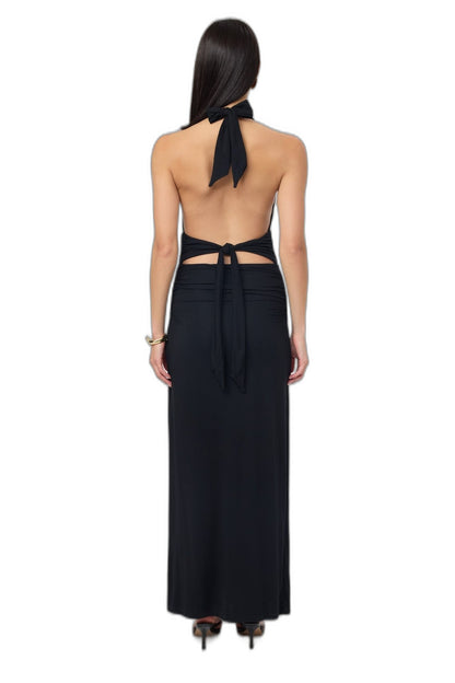 Elegant Burgundy Maxi Dress for Women with Halter Sleeveless Bodycon Ruched Backless Cocktail Style