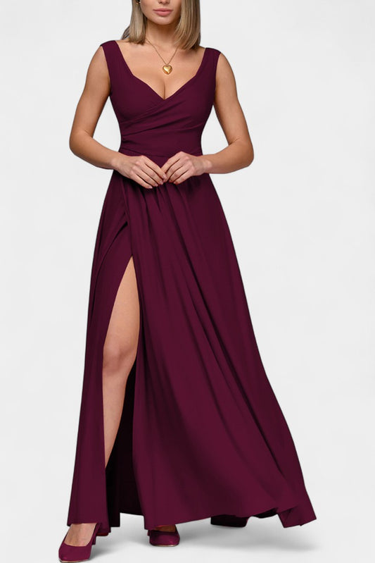 Elegant Burgundy Maxi Dress for Women with V Neck Sleeveless Bodycon Formal Style