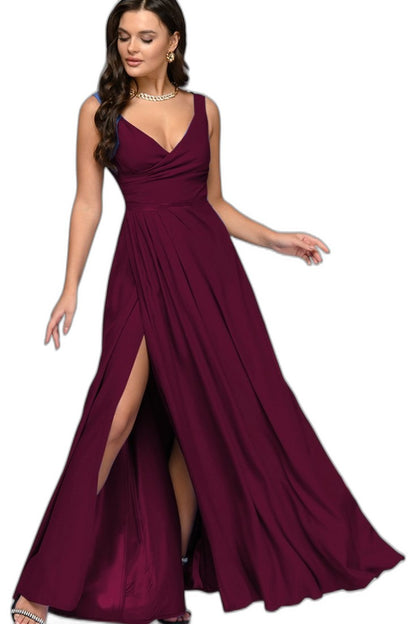 Elegant Burgundy Maxi Dress for Women with V Neck Sleeveless Bodycon Formal Style