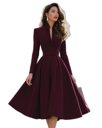 Elegant Burgundy Midi Dress for Women with V Neck Long Sleeve A Line Fit And Flare Cocktail Style