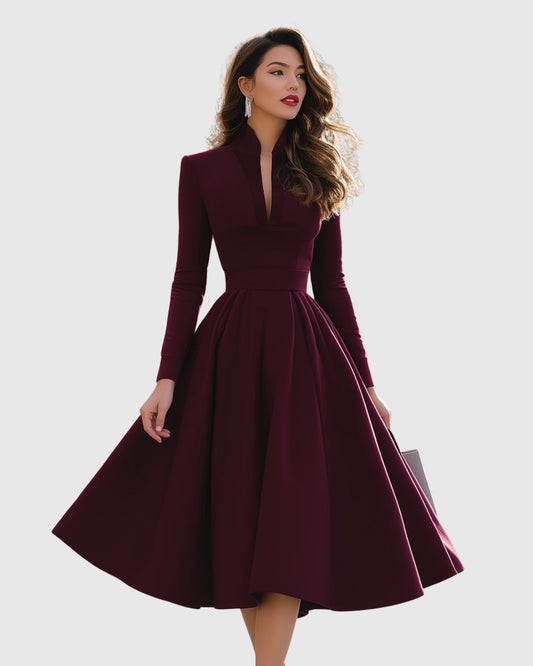 Elegant Burgundy Midi Dress for Women with V Neck Long Sleeve A Line Fit And Flare Cocktail Style
