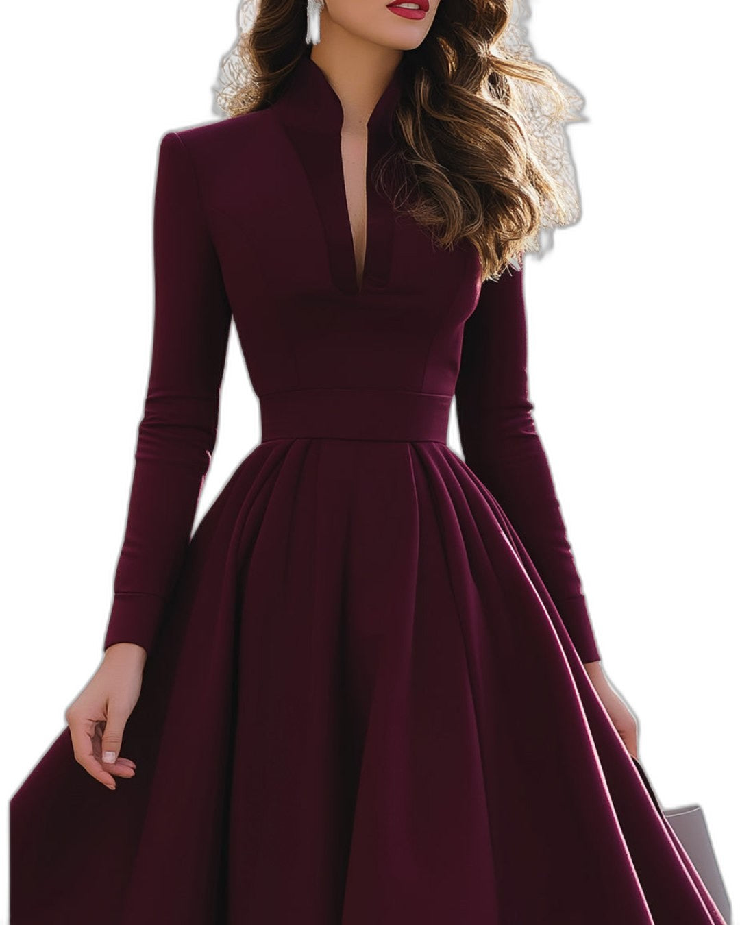 Elegant Burgundy Midi Dress for Women with V Neck Long Sleeve A Line Fit And Flare Cocktail Style